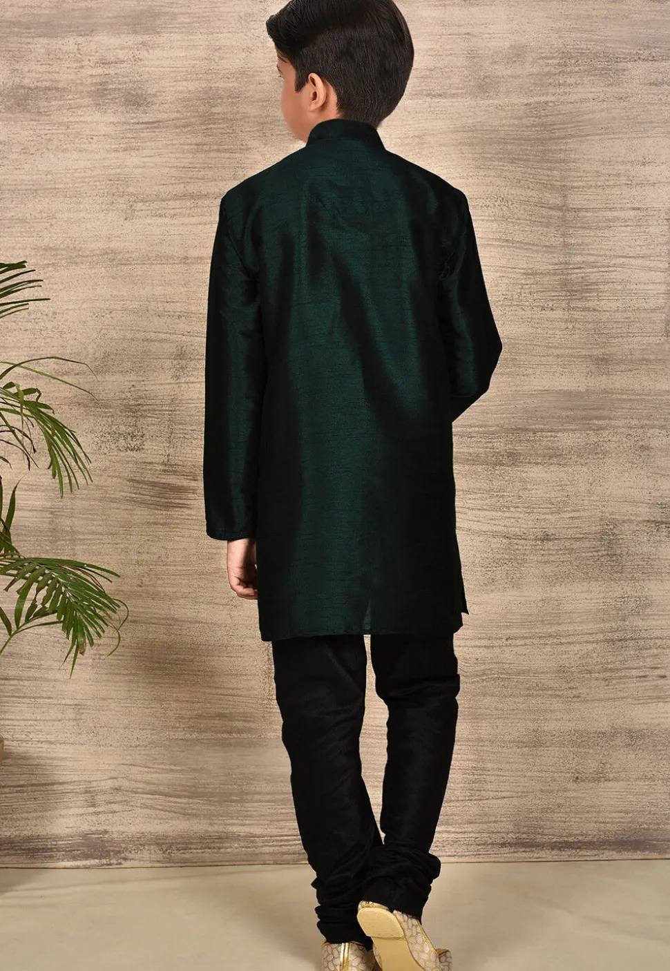 Solid Color Dupion Silk Kurta Set in Dark Green