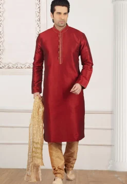 Solid Color Dupion Silk Kurta Set in Maroon