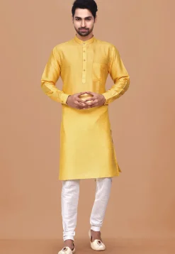 Solid Color Dupion Silk Kurta Set in Yellow
