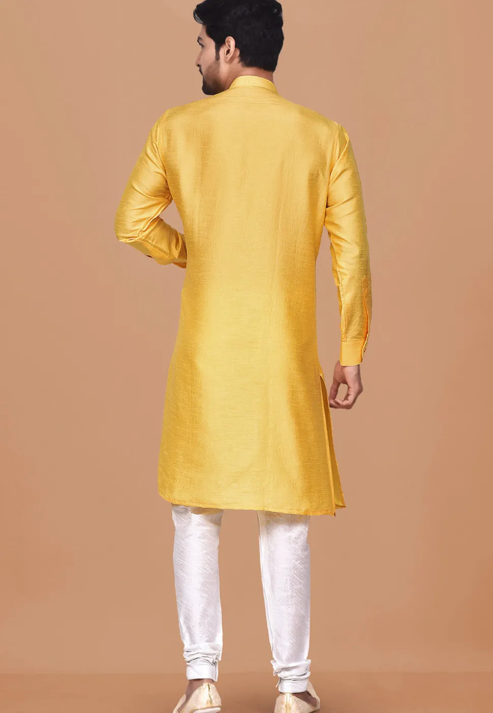 Solid Color Dupion Silk Kurta Set in Yellow