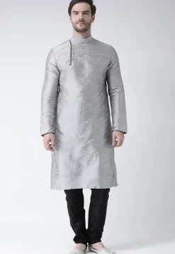 Solid Color Dupion Silk Kurta Set in Grey