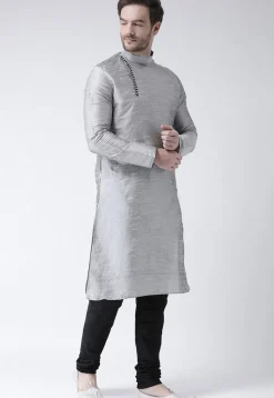 Solid Color Dupion Silk Kurta Set in Grey