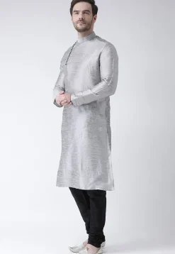 Solid Color Dupion Silk Kurta Set in Grey