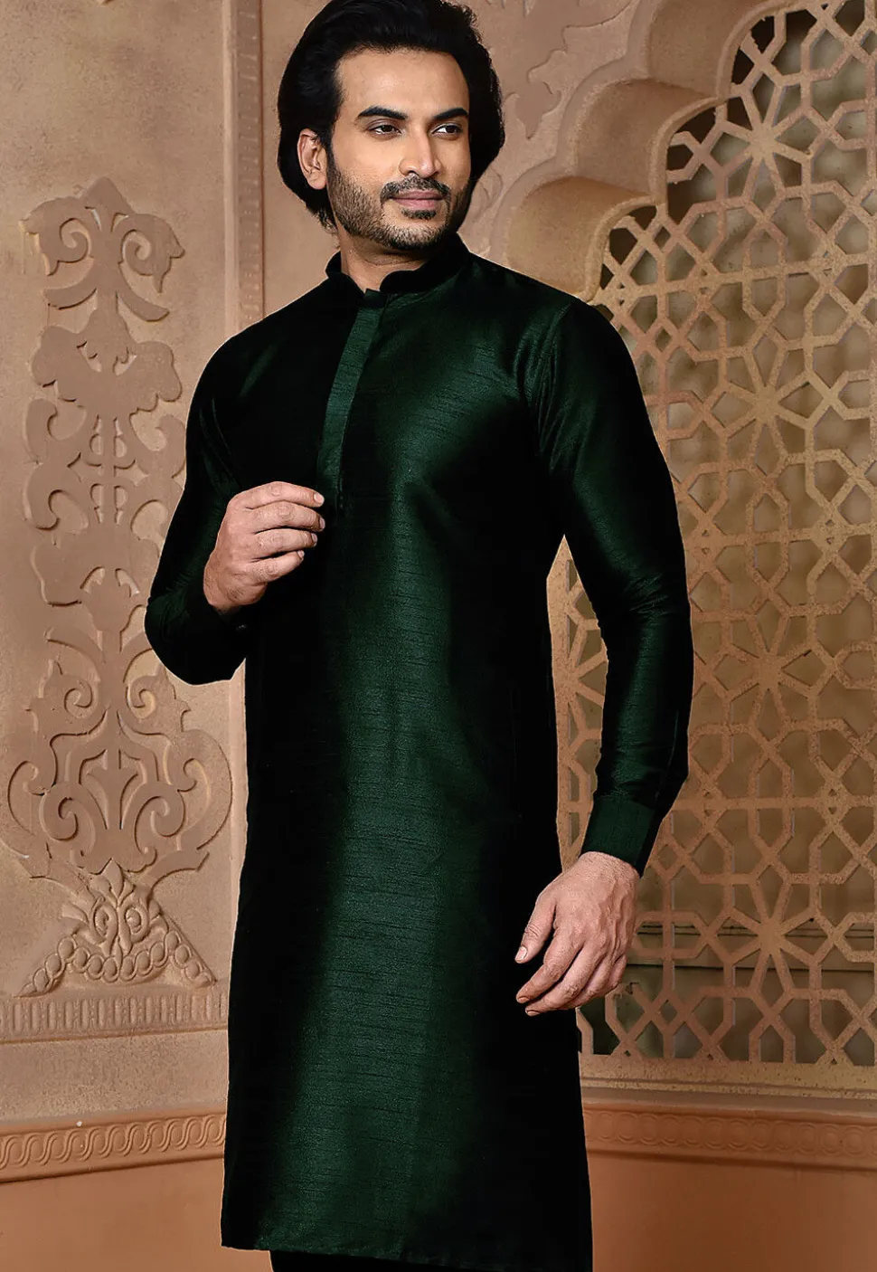 Solid Color Dupion Silk Kurta in Dark Green