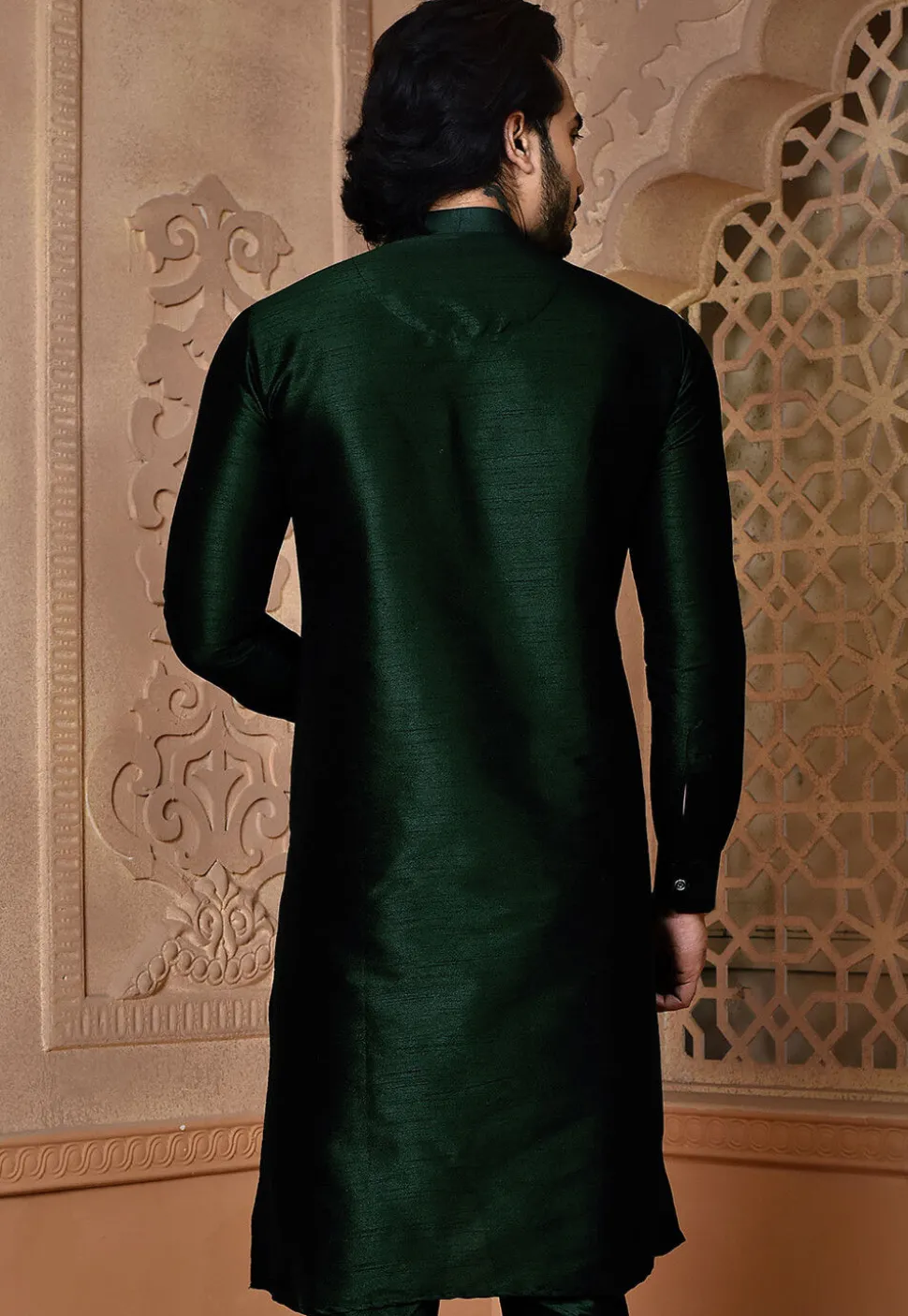 Solid Color Dupion Silk Kurta in Dark Green