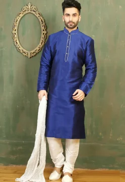 Solid Color Dupion Silk Kurta Set in Royal Blue