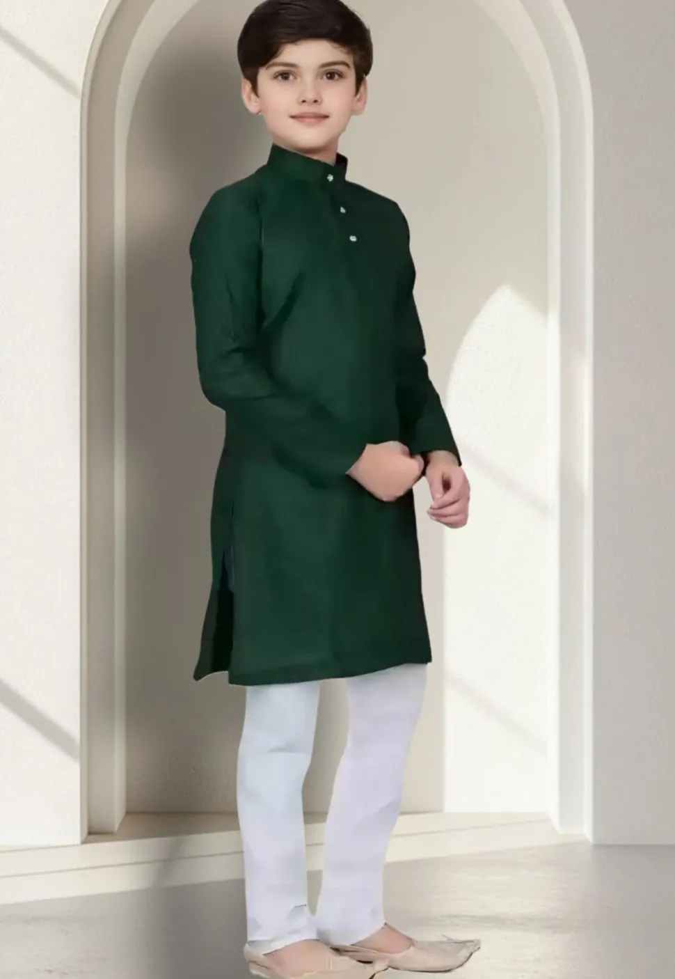 Solid Color Dupion Silk Kurta Set in Dark Green