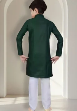 Solid Color Dupion Silk Kurta Set in Dark Green