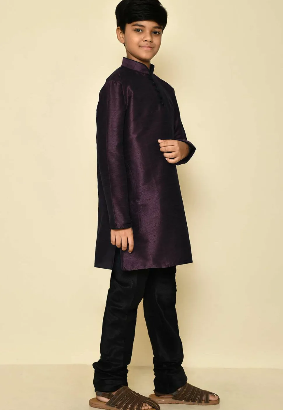 Solid Color Dupion Silk Kurta Set in Wine