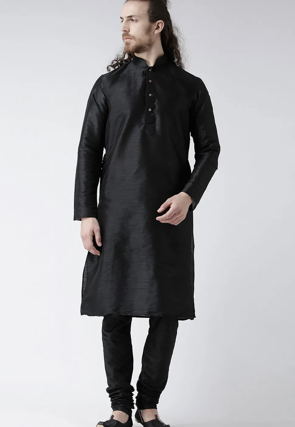 Solid Color Dupion Silk Kurta Set in Black