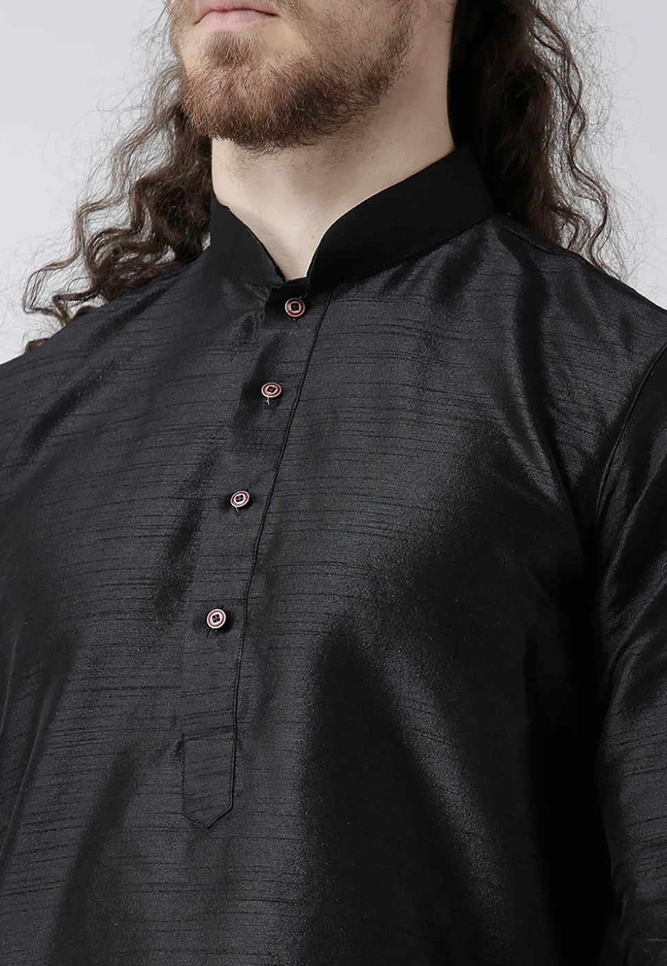 Solid Color Dupion Silk Kurta Set in Black