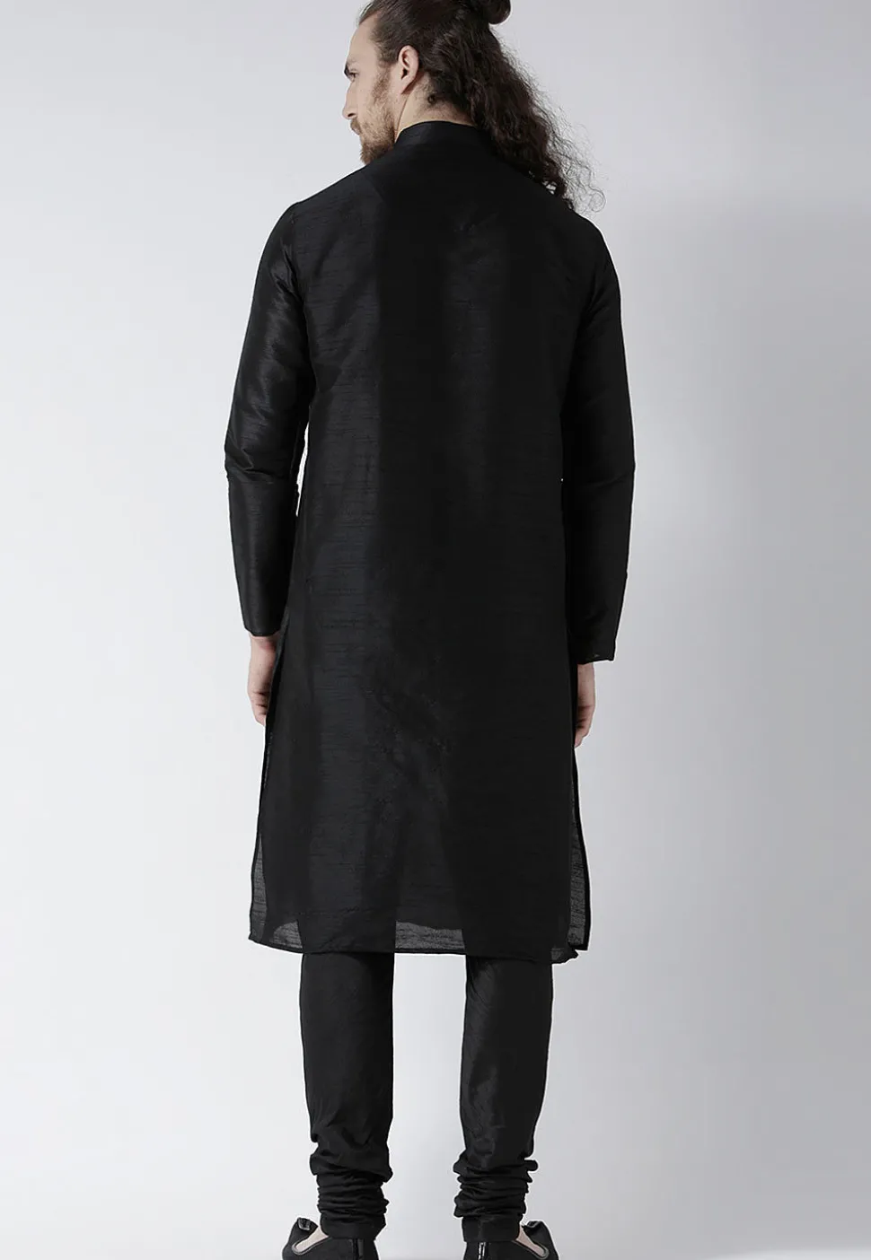 Solid Color Dupion Silk Kurta Set in Black