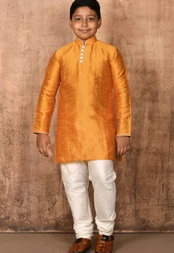 Solid Color Dupion Silk Kurta Set in Mustard