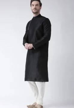 Solid Color Dupion Silk Kurta Set in Black