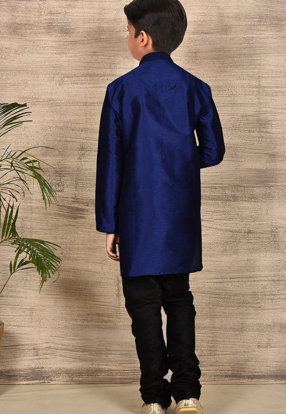Solid Color Dupion Silk Kurta Set in Navy Blue