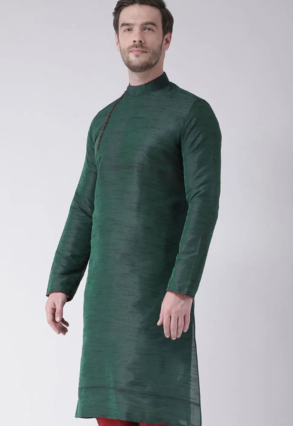 Solid Color Dupion Silk Kurta in Dark Green