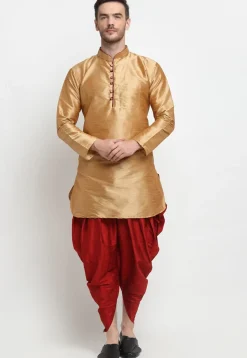Solid Color Dupion Silk Kurta Dhoti Set in Golden