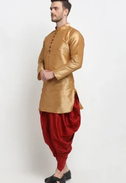 Solid Color Dupion Silk Kurta Dhoti Set in Golden