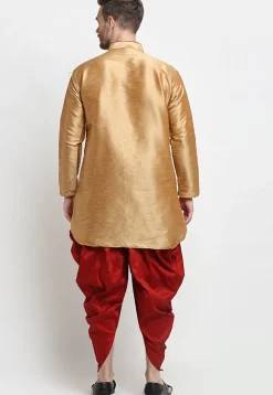 Solid Color Dupion Silk Kurta Dhoti Set in Golden
