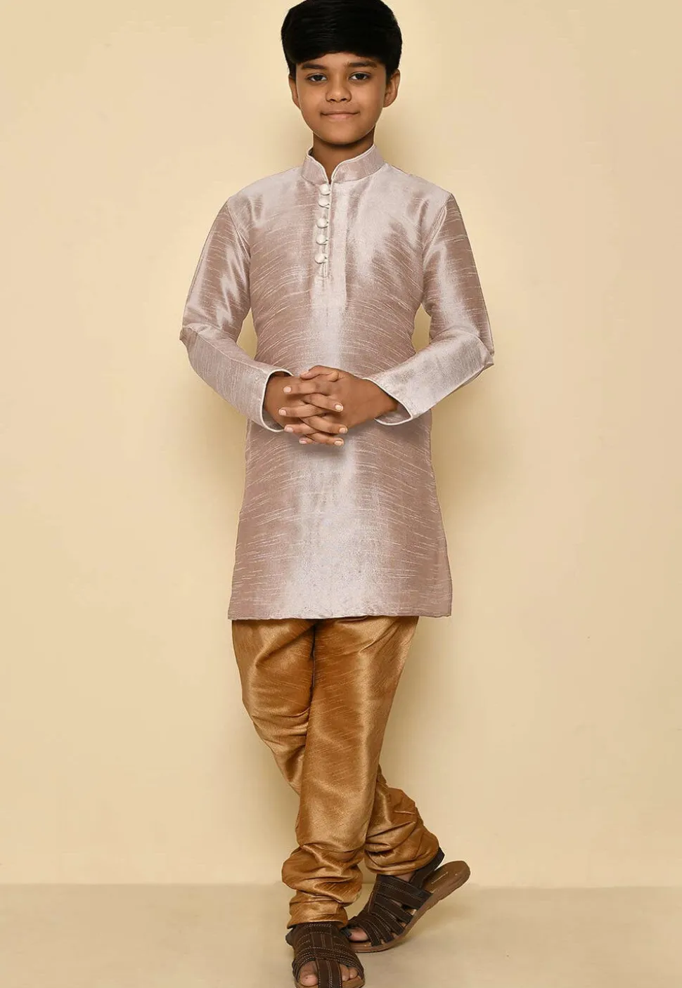 Solid Color Dupion Silk Kurta Set in Pastel Brown