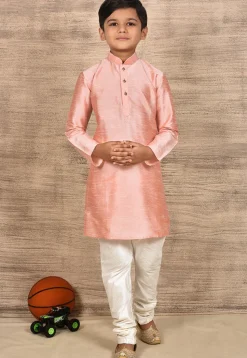 Solid Color Dupion Silk Kurta Set in Peach