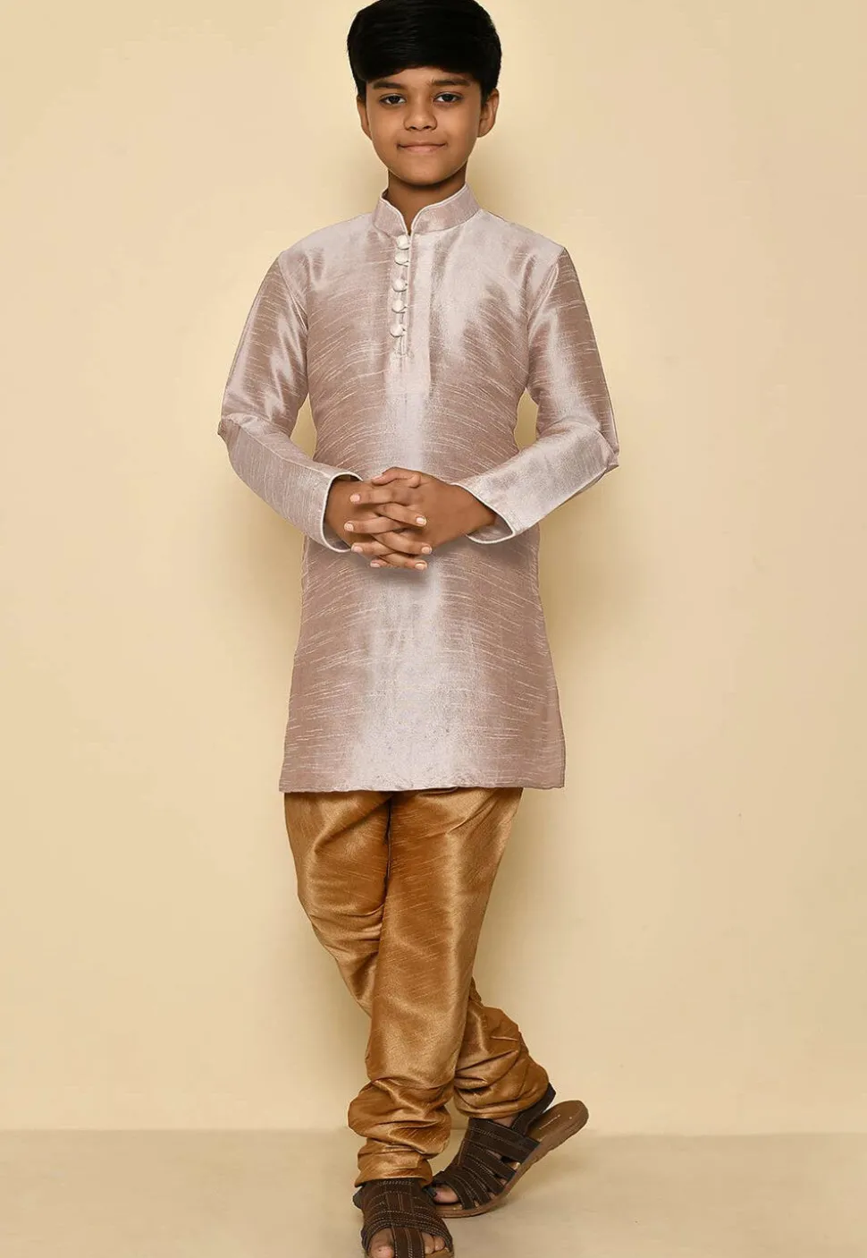 Solid Color Dupion Silk Kurta in Pastel Brown