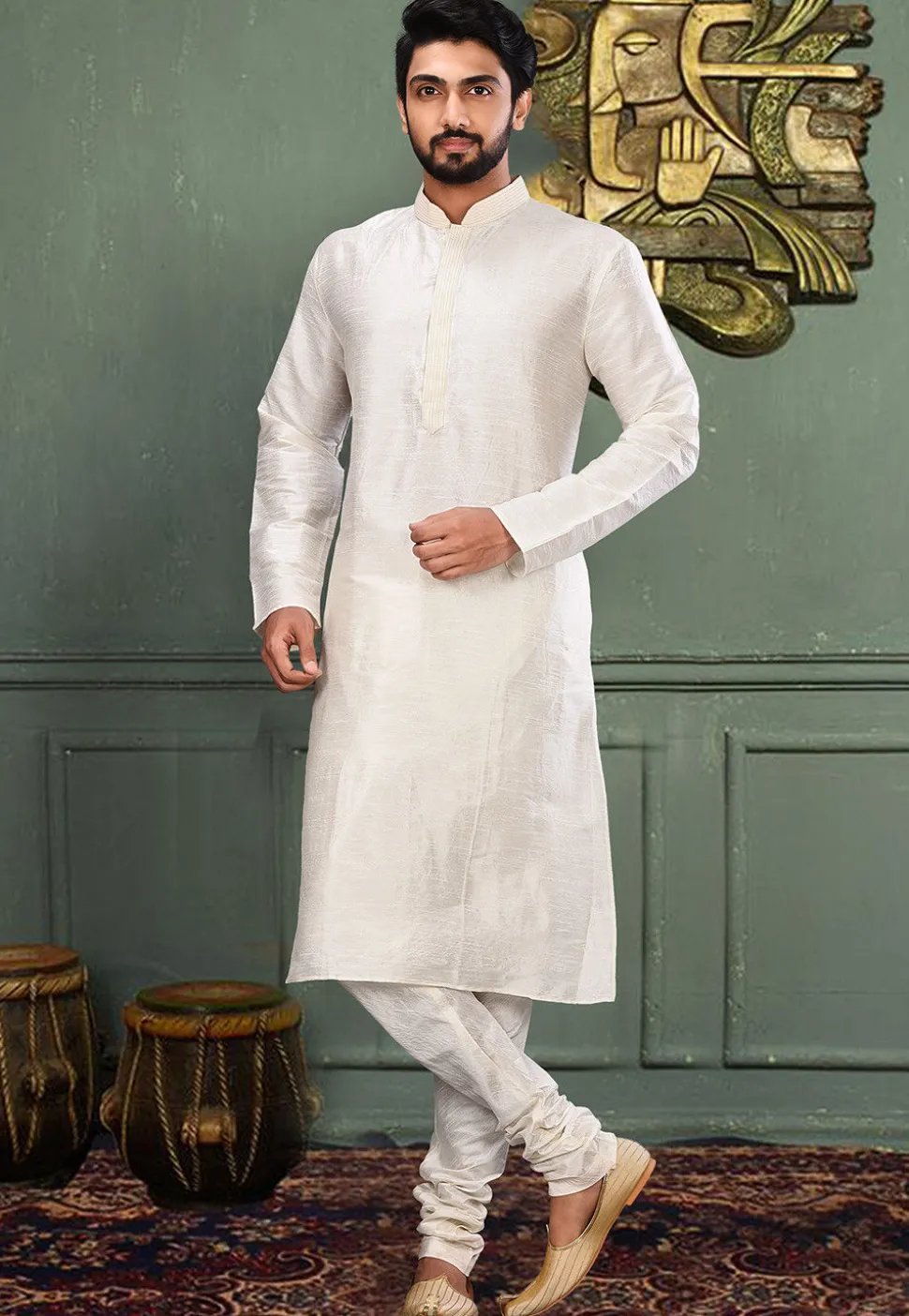 Solid Color Dupion Silk Kurta Set in Off White