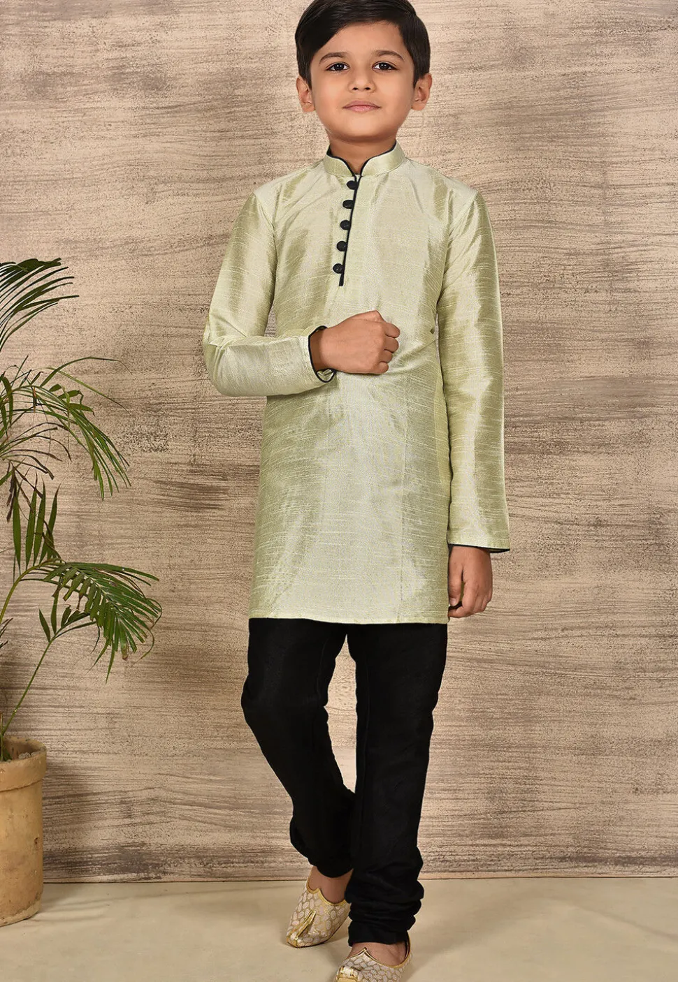 Solid Color Dupion Silk Kurta Set in Pastel Green