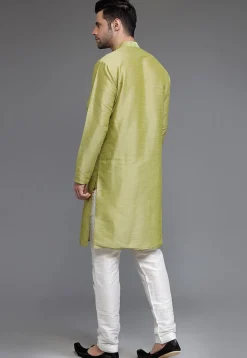 Solid Color Dupion Silk Kurta Set in Olive Green