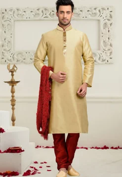 Solid Color Dupion Silk Kurta Set in Beige