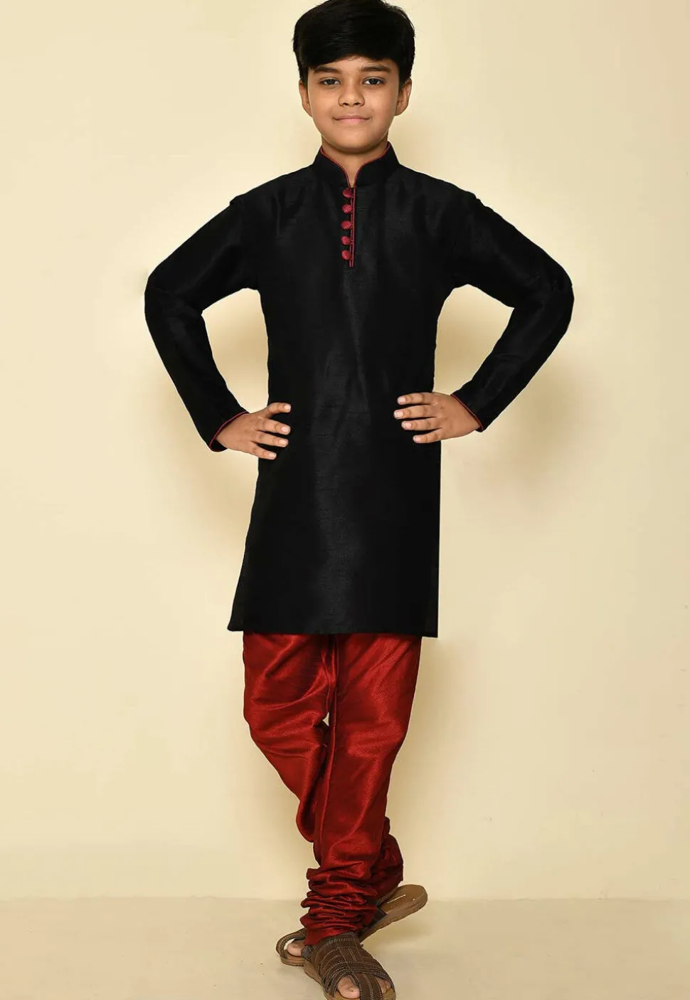 Solid Color Dupion Silk Kurta Set in Black
