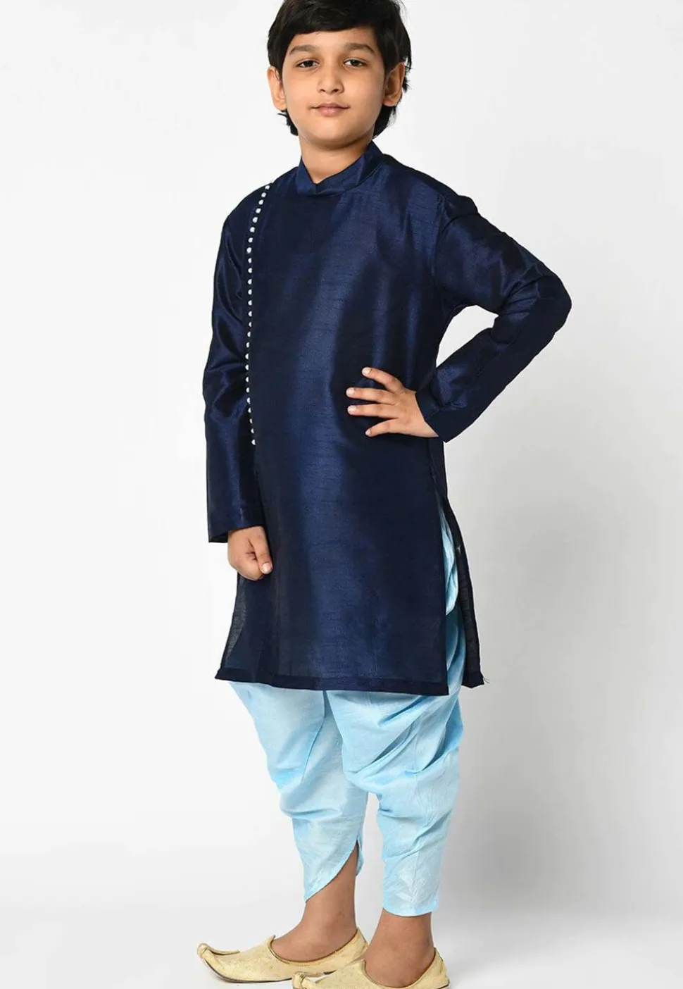 Solid Color Dupion Silk Kurta Set in Navy Blue
