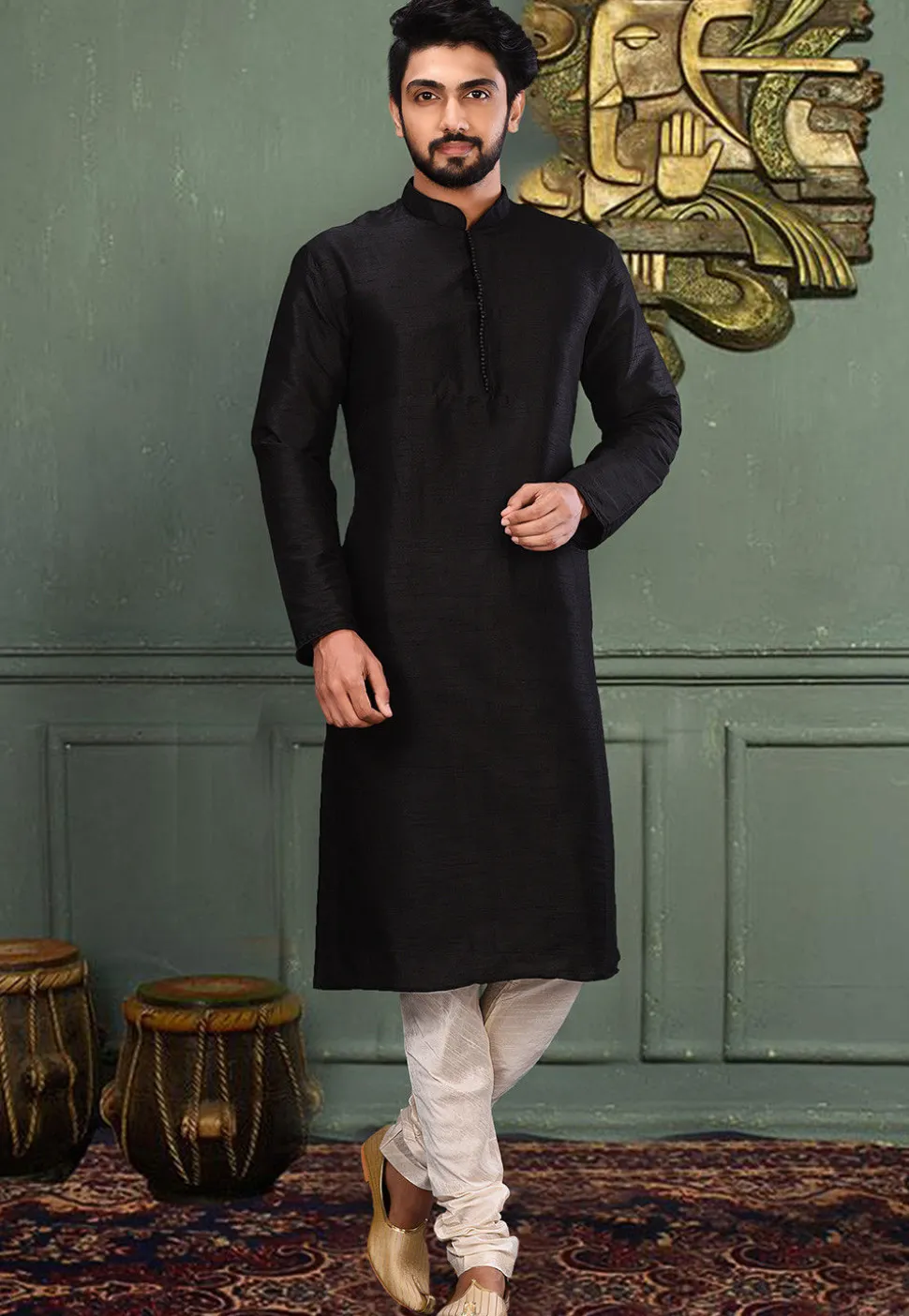 Solid Color Dupion Silk Kurta Set in Black