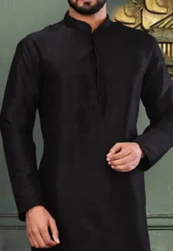 Solid Color Dupion Silk Kurta Set in Black