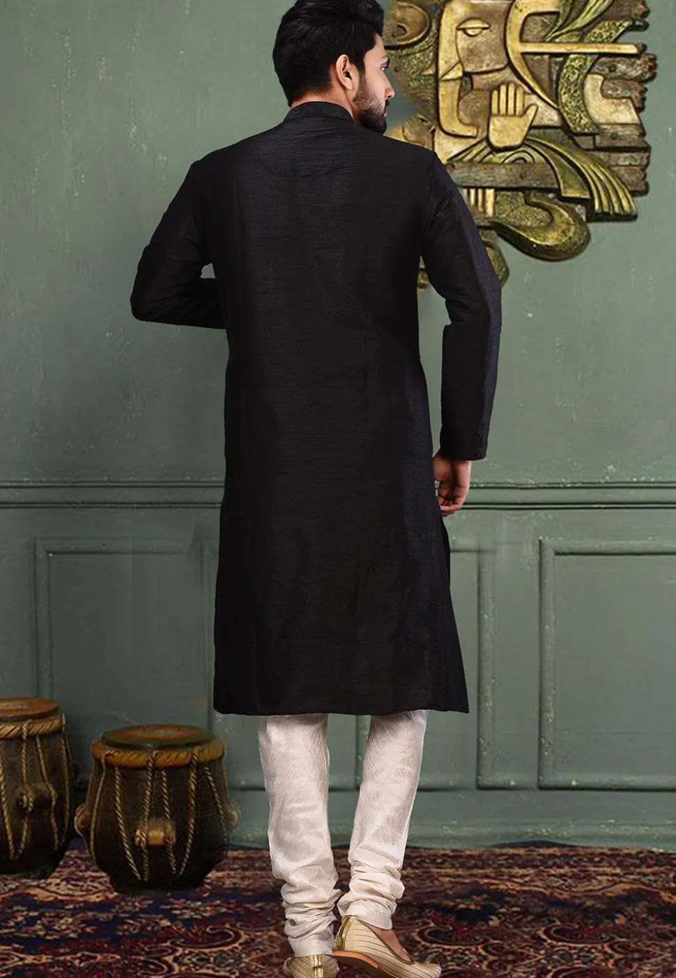 Solid Color Dupion Silk Kurta Set in Black
