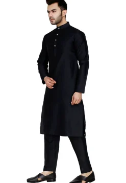 Solid Color Dupion Silk Kurta Set in Black