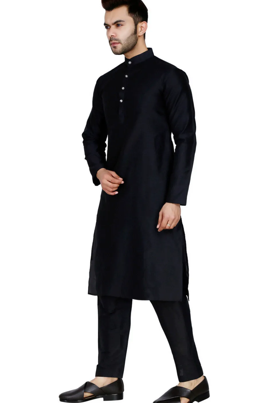 Solid Color Dupion Silk Kurta Set in Black