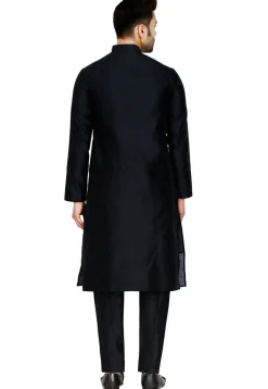 Solid Color Dupion Silk Kurta Set in Black