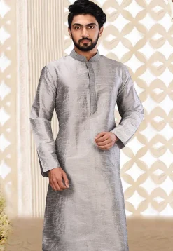 Solid Color Dupion Silk Kurta in Grey