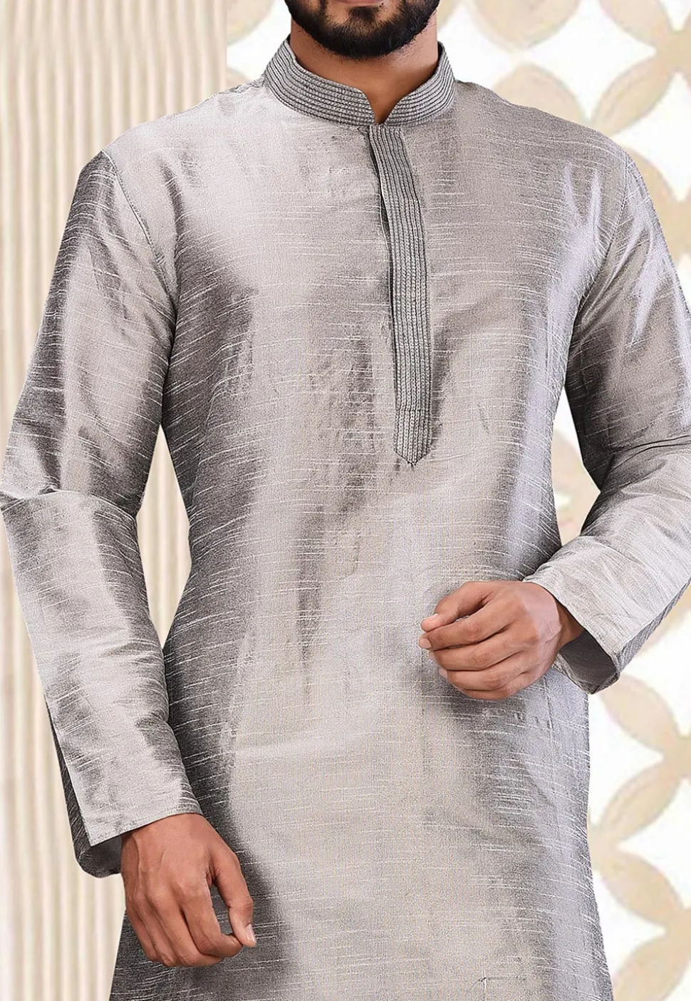 Solid Color Dupion Silk Kurta in Grey