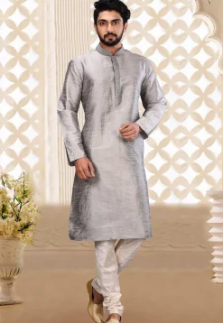 Solid Color Dupion Silk Kurta in Grey