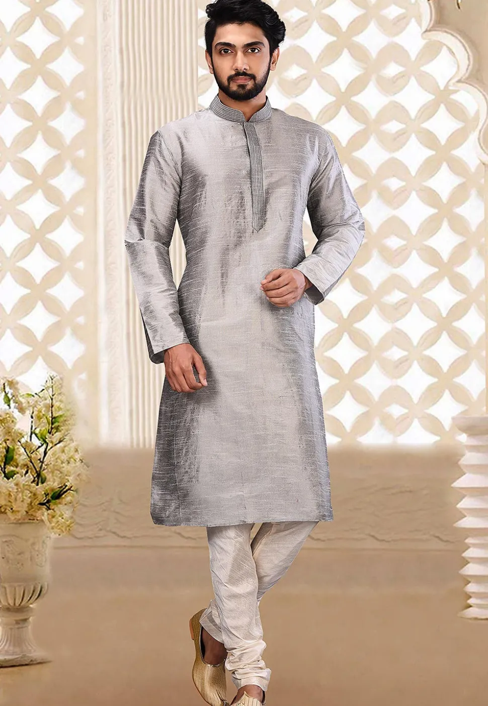 Solid Color Dupion Silk Kurta in Grey