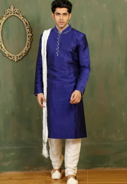 Solid Color Dupion Silk Kurta Set in Royal Blue