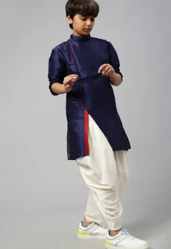 Solid Color Dupion Silk Kurta Dhoti Set in Navy Blue