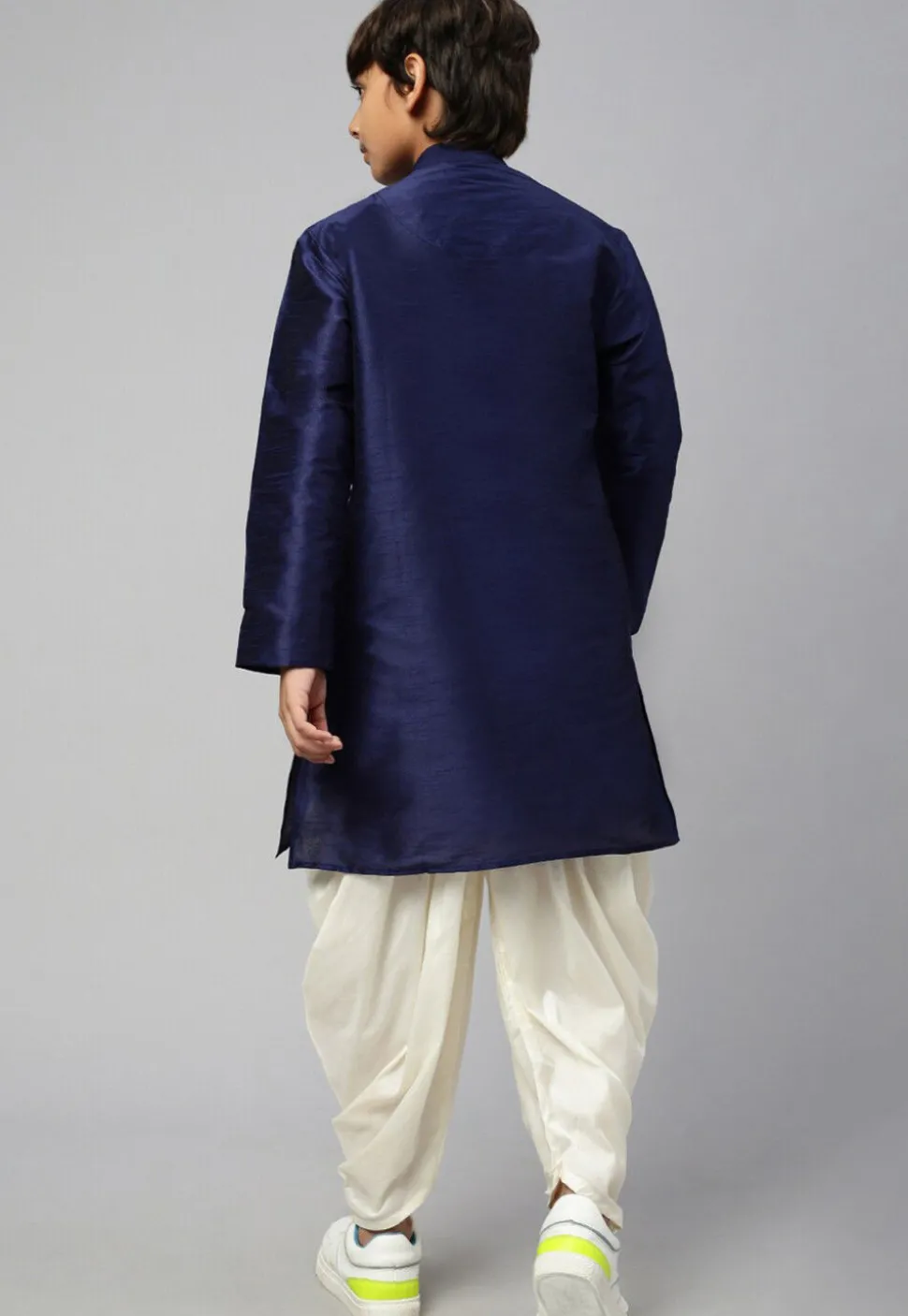 Solid Color Dupion Silk Kurta Dhoti Set in Navy Blue