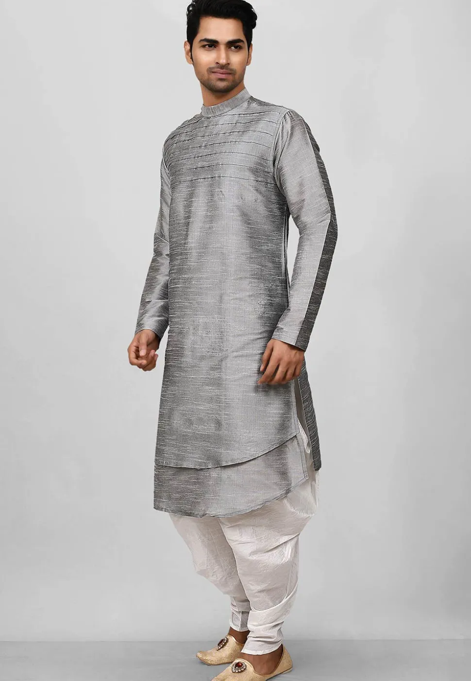 Solid Color Dupion Silk Layered Dhoti Kurta in Grey