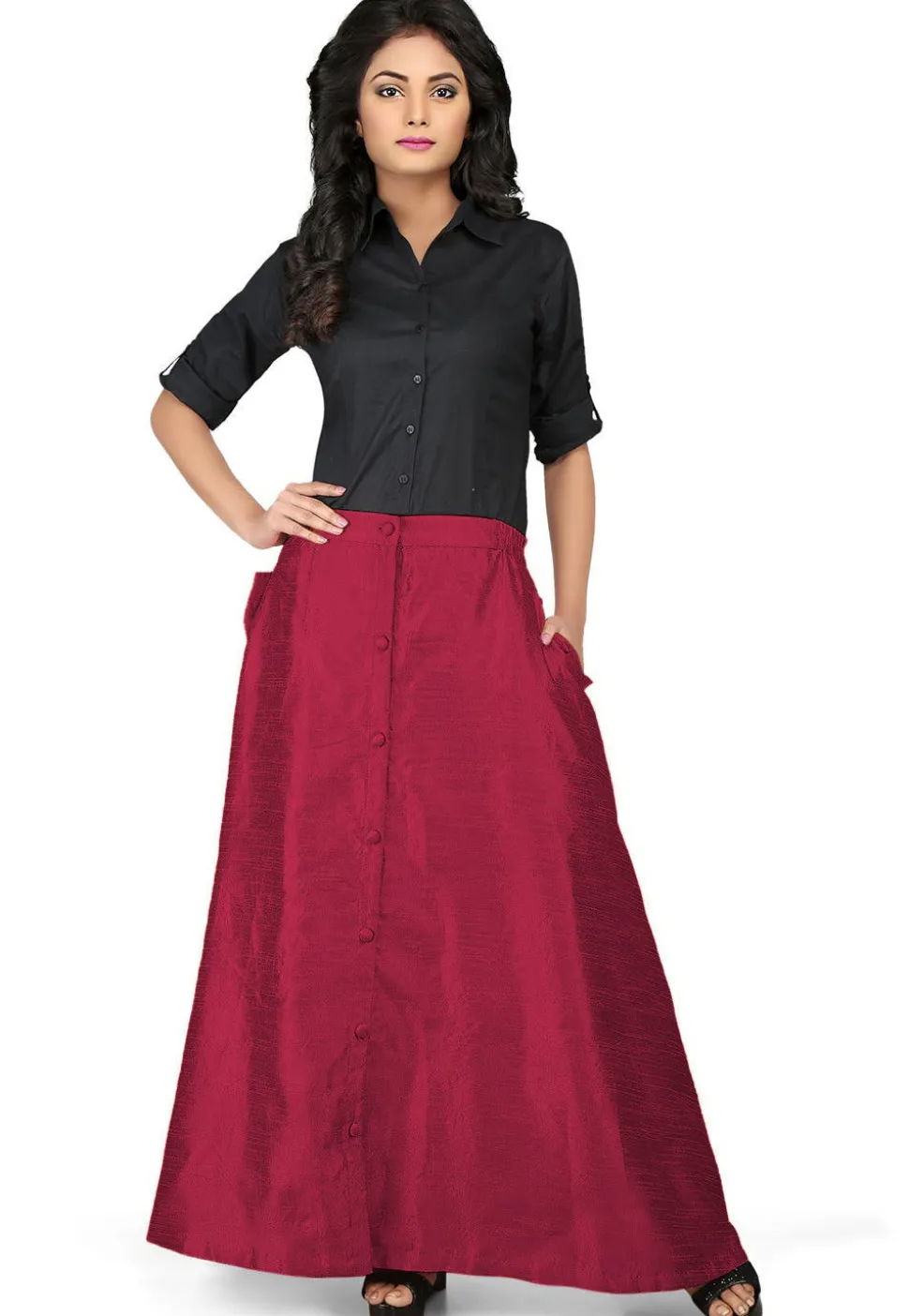 Solid Color Dupion Silk Long Skirt in Magenta