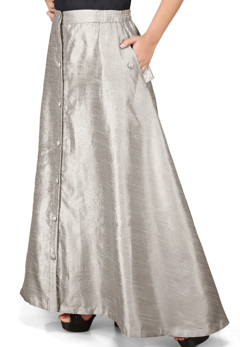 Solid Color Dupion Silk Long Skirt in Grey