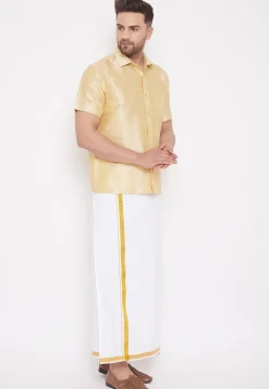 Solid Color Dupion Silk Mundu Shirt in Light Beige and White