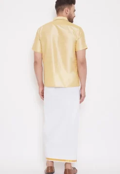 Solid Color Dupion Silk Mundu Shirt in Light Beige and White